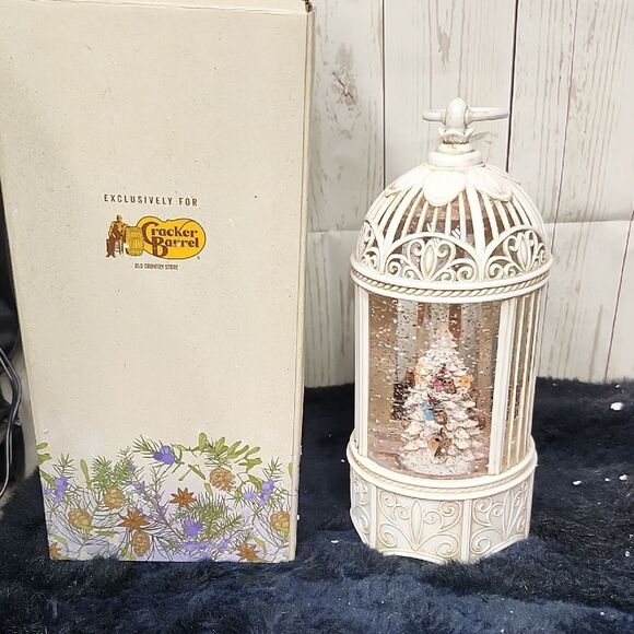 Cracker Barrel Cream Holiday Lantern glitter globe with owls and Christmas tree - Picture 1 of 5